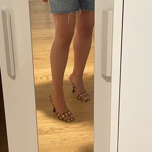 Open Toe Mules Pattern Plaid Heels